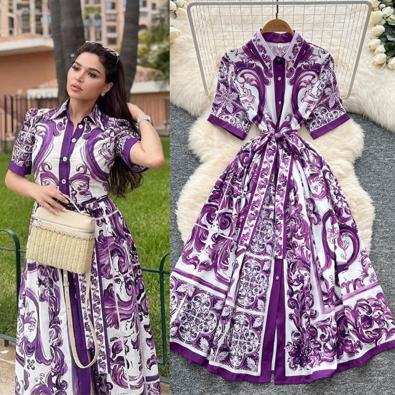European and american niche style court-inspired placement print dress - women's summer high-end tie-waist single-breasted shirt dress