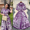 European and american niche style court-inspired placement print dress - women's summer high-end tie-waist single-breasted shirt dress