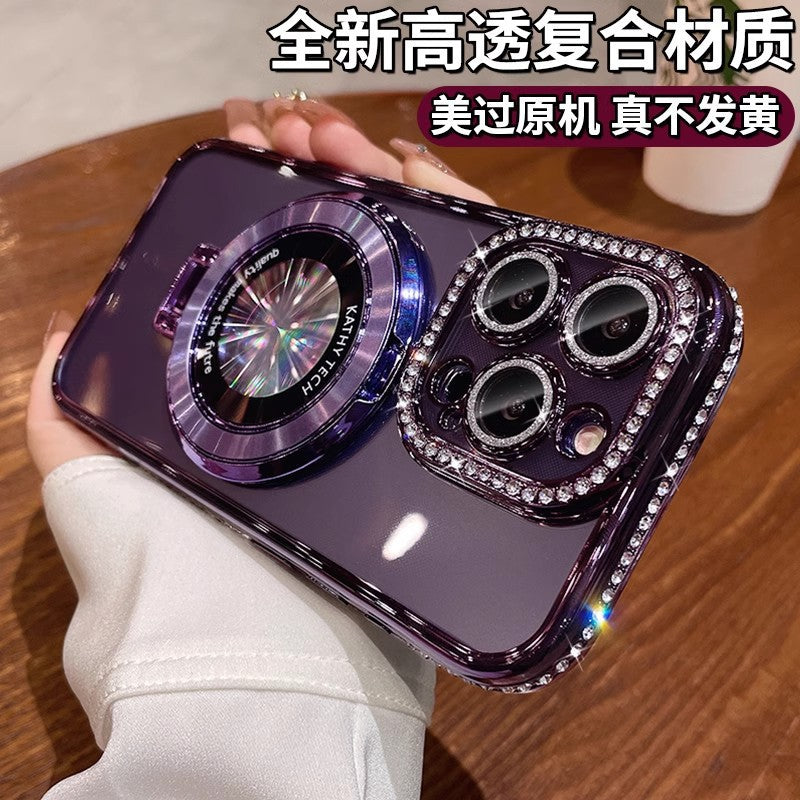 Suitable for apple 17promax light luxury rhinestone electroplated mobile phone case 15 glitter magnetic holder apple 16 protective cover