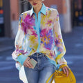 Amazon vacation style floral print polo shirt women's summer new slimming elegant long sleeve top