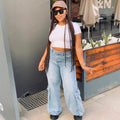 European and american style denim workwear pants  cross-border new arrival women's american street style large flap pocket pants high waiststraight-leg pants