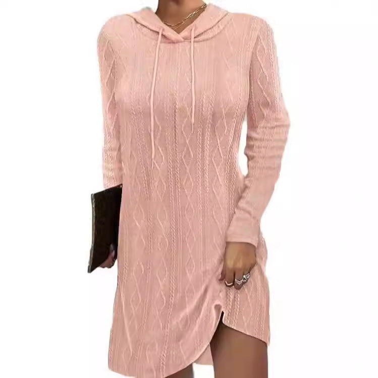 European and American   independent station 2024 solid color long-sleeved hooded pullover knitted dress women