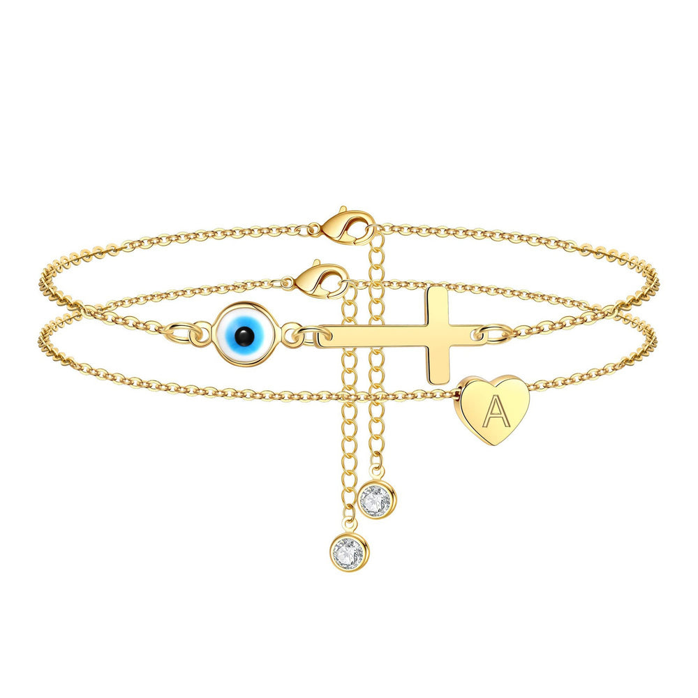 2025 european and american new anklet - devil's eye cross double layer anklet - minimalist pearl layered anklet for women