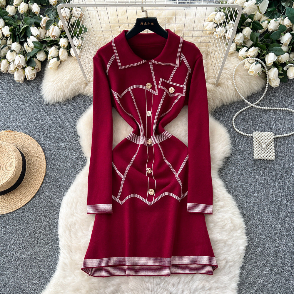 French chic chanel-inspired heavy embellished metal buckle lapel long sleeve slim fit knit dress - women's autumn sweater dress