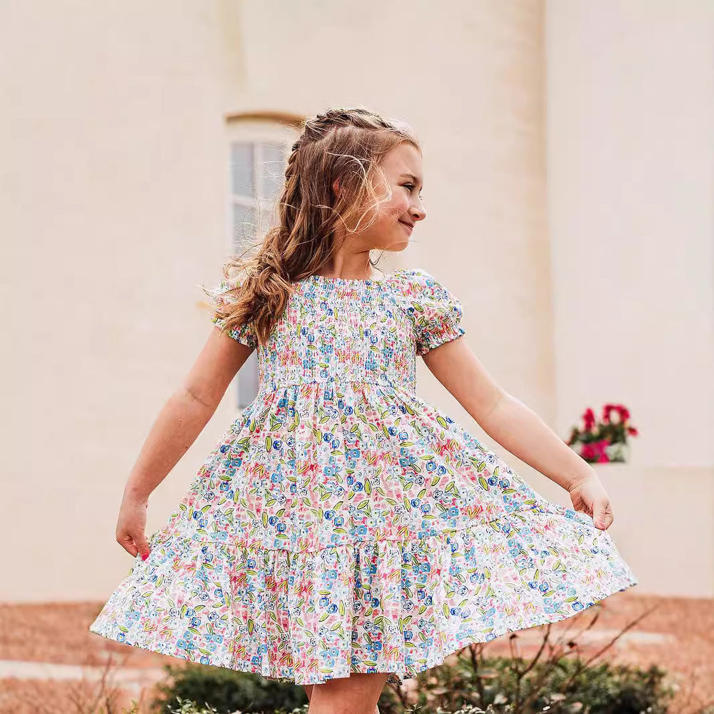 Kids' short-sleeve printed smocked dress - fresh & sweet country style
