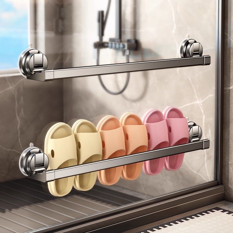 Bathroom suction cup slipper rack - no drilling required, wall-mounted, for home use, bathroom toilet hanging rod, towel and slipper drainage storage rack