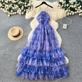 Vacation style halter sleeveless printingdress women's spring summer breathable layered mesh cake skirt slimming look long skirt