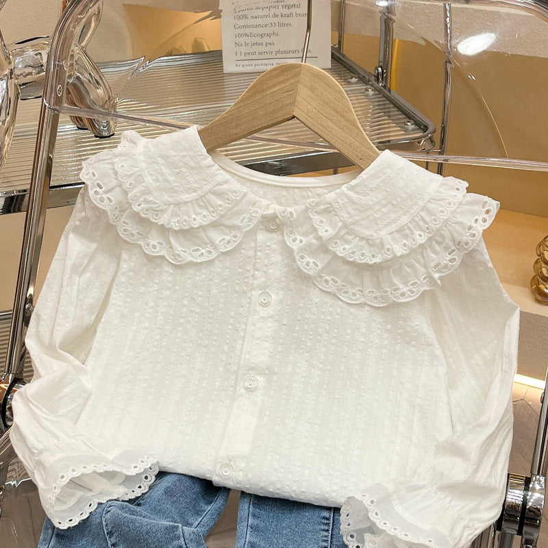 Girls' long-sleeve shirt - autumn  collection - kids' double-layer peter pan collar blouse - korean style princess top