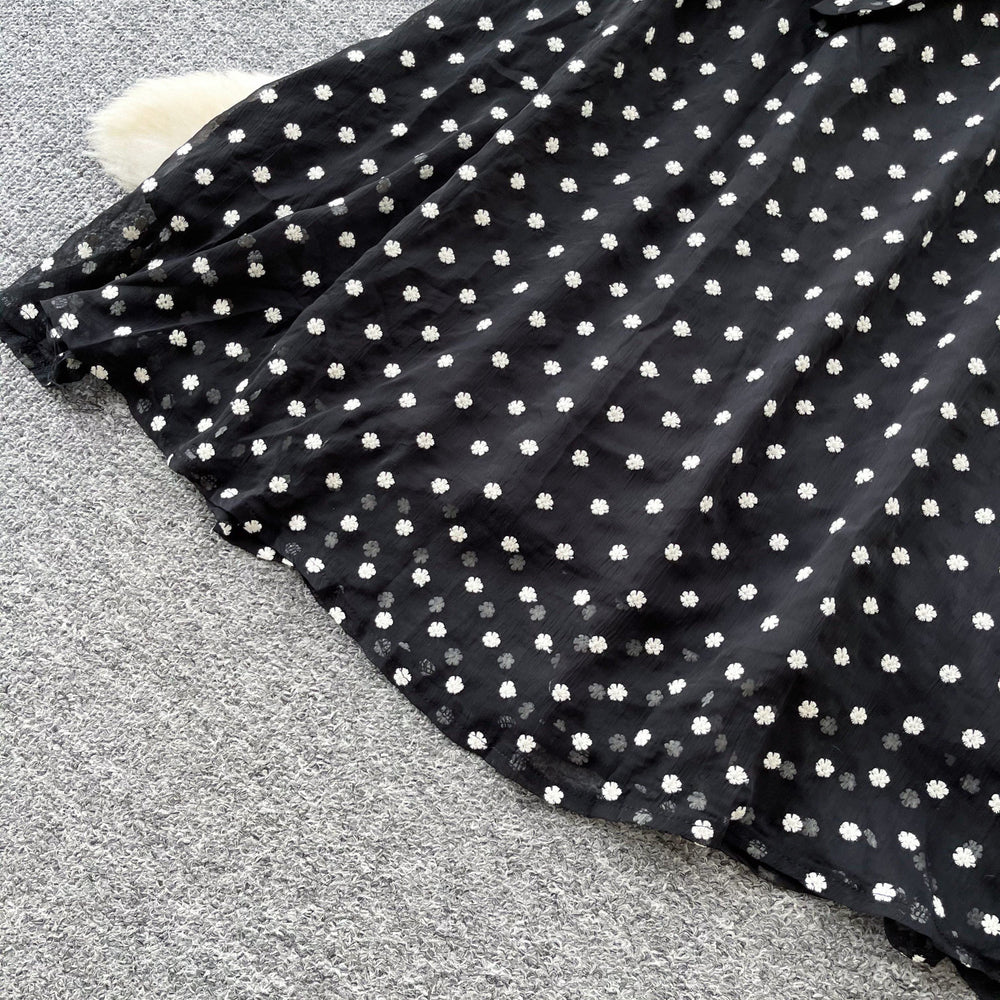 Ladies style black polka dot mesh dress women's summerv neck short sleeve high waistslimming look a-line long skirtelegant