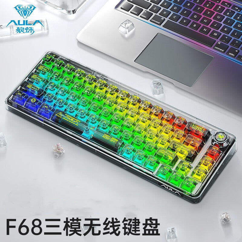 Wolf spider f68 mechanical keyboard - transparent, bluetooth/wireless tri-mode, rgb, customizable, hot-swappable - cross-border amazon/ebay