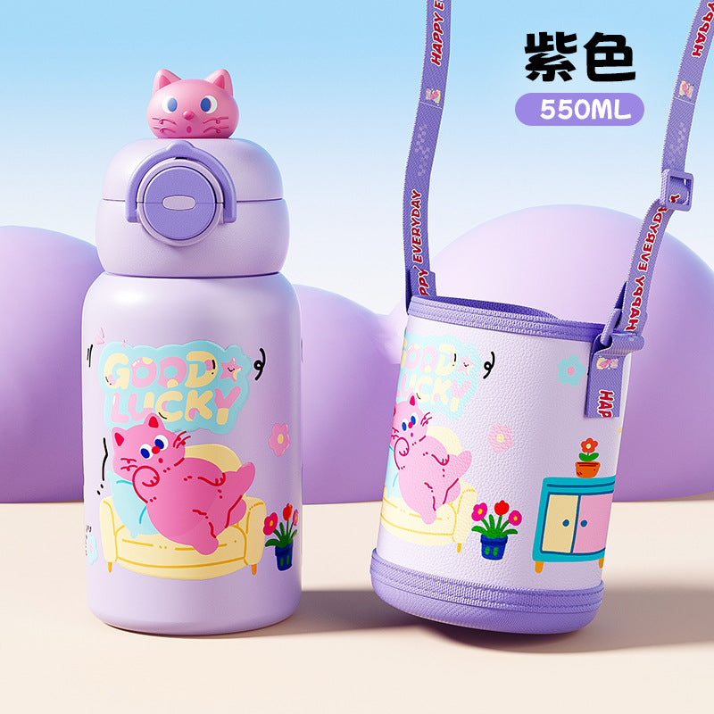 Cute pet-themed kids' insulated water bottle - 316 stainless steel, fresh straw cup with tea infuser lid, perfect for students, boys & girls