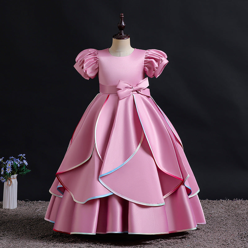 Export kids dress satin rainbow edge princess dress girl puff sleeve high-end birthday piano performance dress