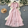 French-style cutout embroidered a-line dress - women's summer short sleeve high waist slimming elegant maxi dress