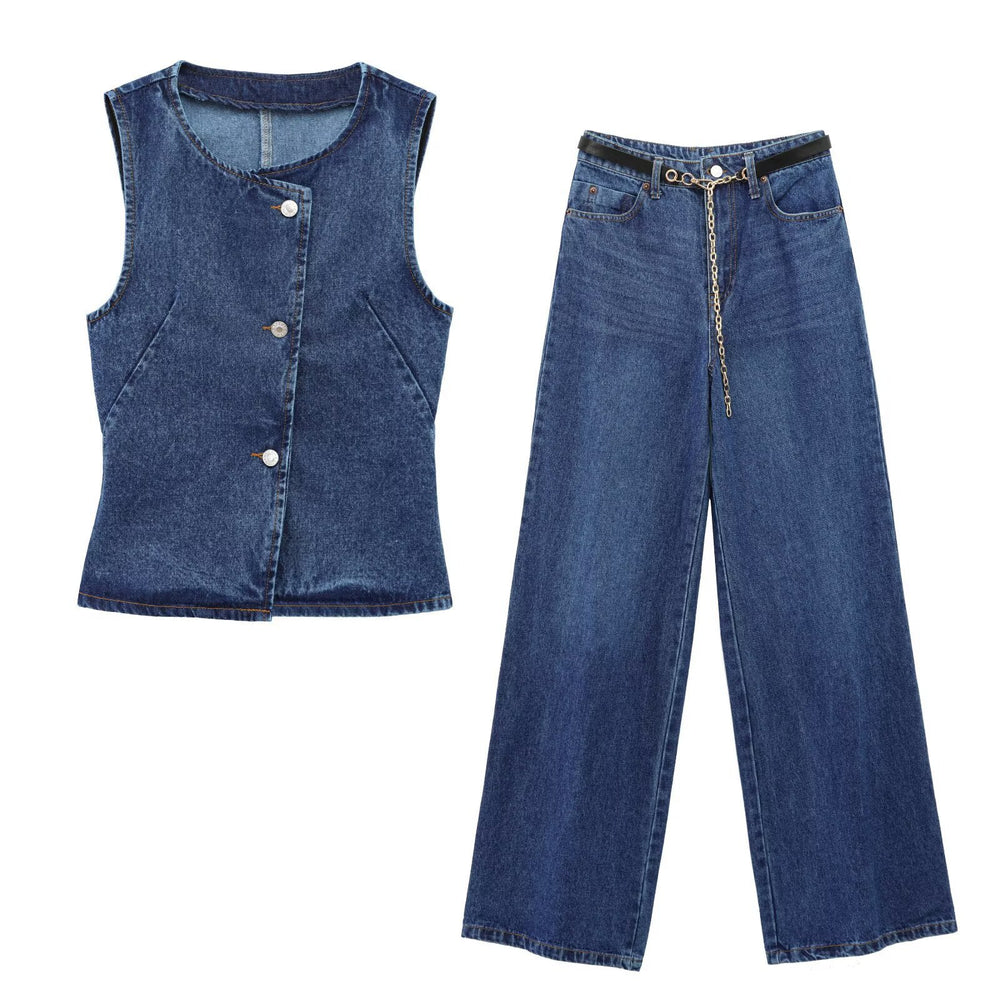 Amazon  fashion cross-border women's clothing  new denim sleeveless vest fashion wide leg denim suit