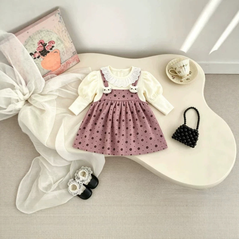 Girls' dress - trendy  new style - baby girl faux two-piece dress - princess style cute polka dot dress