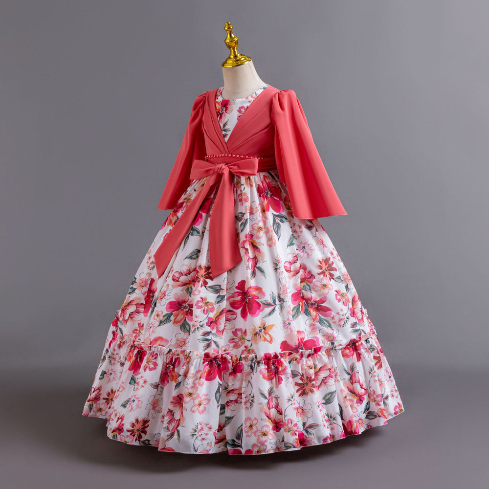 European and american new girls' chiffon floral princess dress - perfect for parties, piano performances, and evening events. kids' dress