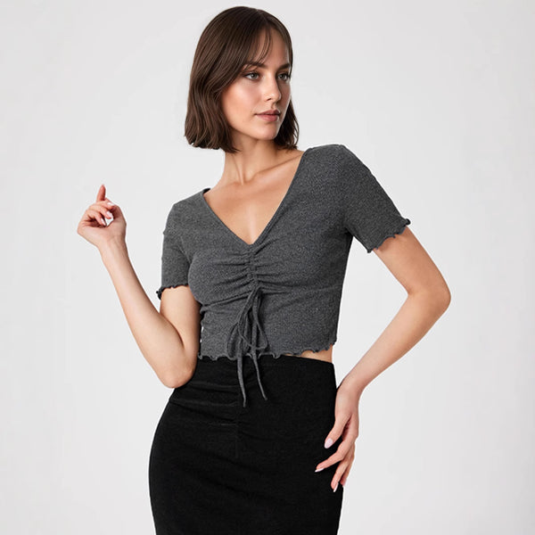 European and American Express Foreign Trade Women's Summer Spice Girls V-Neck Drawstring Skinny Short Waist Sexy Short Sleeve T-Shirt Top