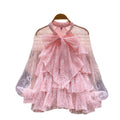 French chic lantern sleeve blouse -  spring collection: ruffle trim, butterfly collar design, elegant and sophisticated top