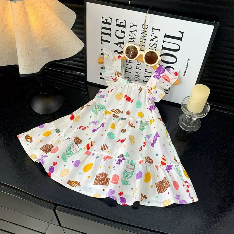 [family wear] children's cotton silk suspender dress sleeveless cake skirt summer thin flying sleeve western style floral skirt