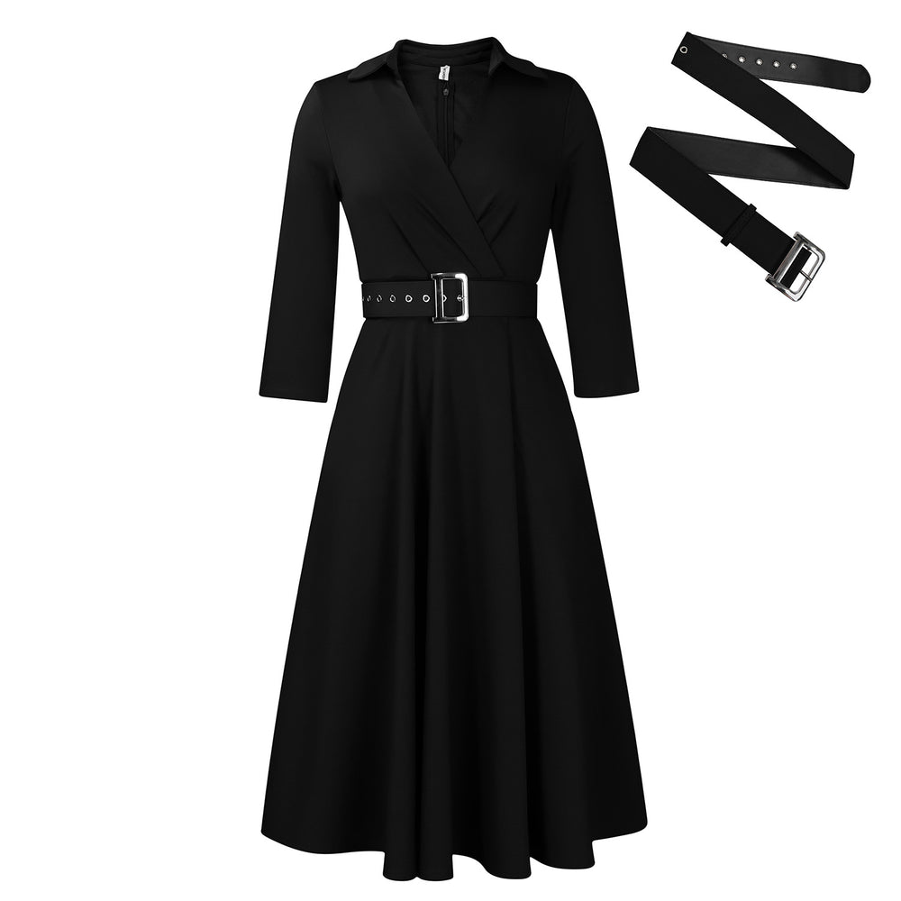 D3290 european and american plus size women's clothing  autumn new arrival: lapel collar, stylish and elegant solid color maxi dress - export quality