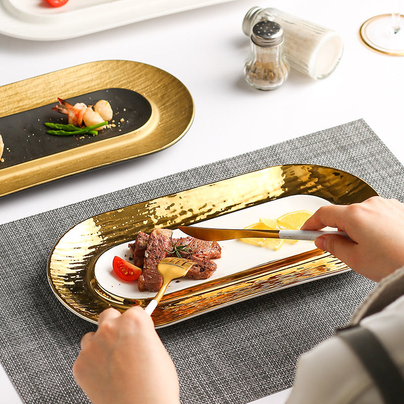 Nordic creative electroplated embossed dinnerware ceramic long plate sushi plate western pastry dessert oval serving tray