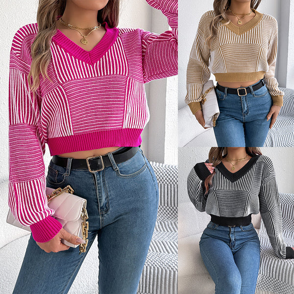 Real shot 2025 autumn and winter casual striped lantern sleeve pullover navel sweater,   European and American women's clothing