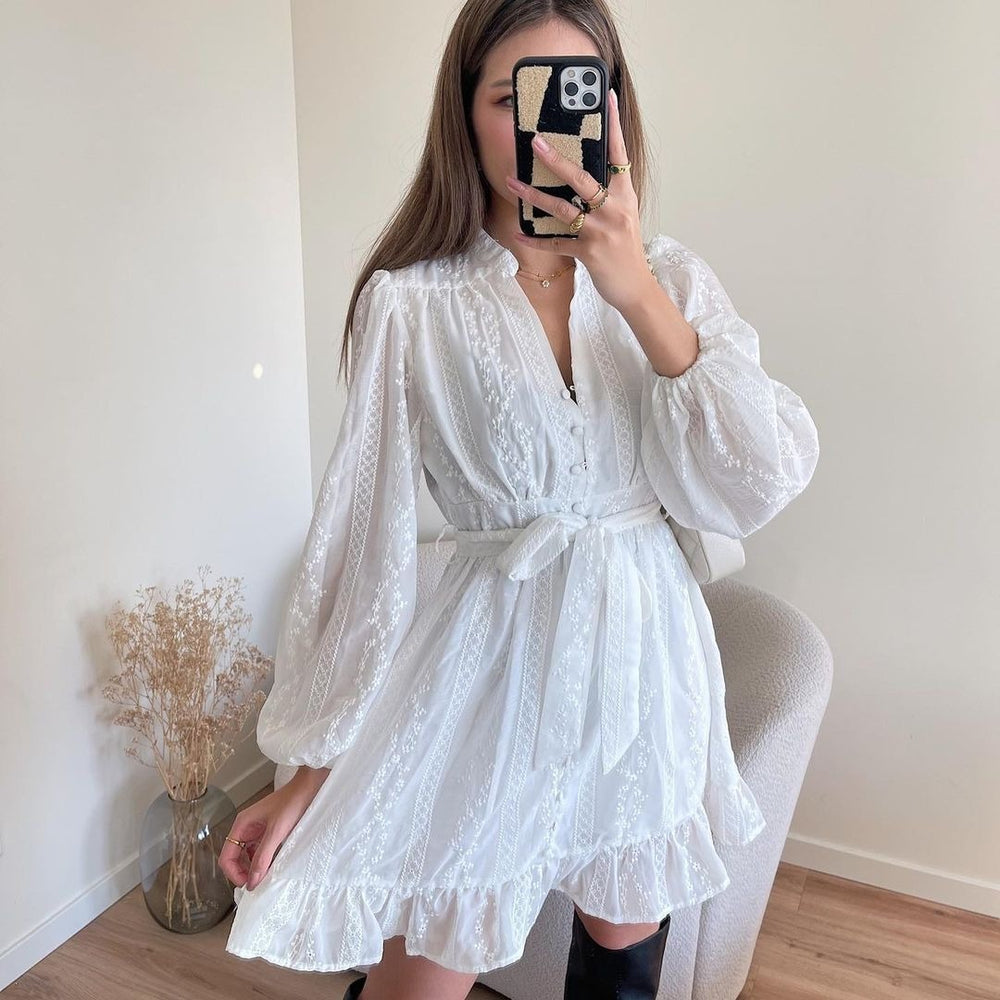 2025 autumn new arrivals: european and american style women's dress - v-neck, long sleeve, sweet color palette, tie-waist, ruffle hem mini dress
