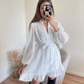 2025 autumn new arrivals: european and american style women's dress - v-neck, long sleeve, sweet color palette, tie-waist, ruffle hem mini dress
