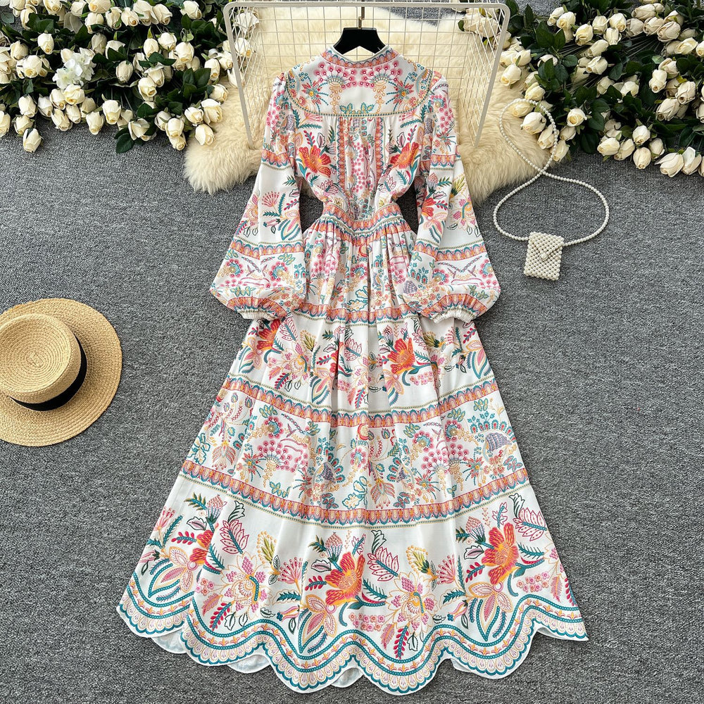 European and american style vintage print dress for women, new spring  collection, slim fit, elegant v-neck, single-breasted long dress