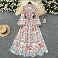 European and american style vintage print dress for women, new spring  collection, slim fit, elegant v-neck, single-breasted long dress