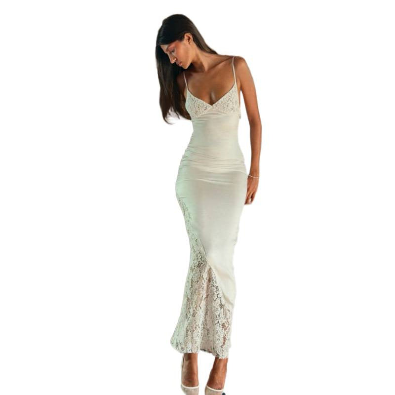 European and american women's clothing  summer new lace patchwork open back sexy slim fit high waist slimming camisole dress