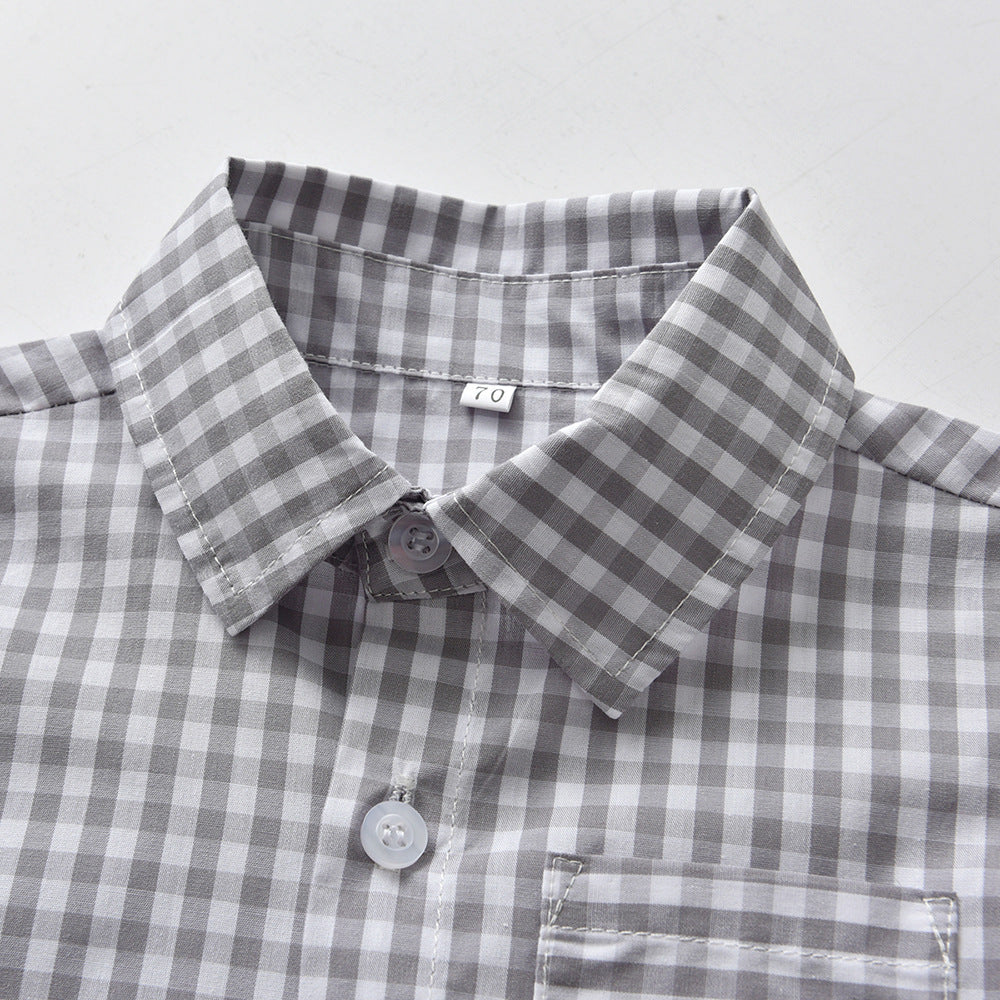 Kids' summer plaid shirt & overalls set - korean style boys' outfit - in stock & wholesale - gentleman's formal wear
