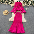 European and american chic tie-waist flared sleeve ruffle hem pleated top + high-waisted mermaid midi skirt set