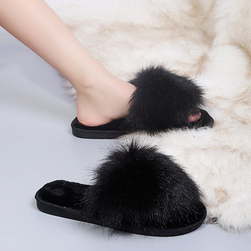 Amazon export one-character plush home cotton slippers women's autumn and winter new fashion outwear fur slippers wholesale