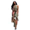 European and american cross-border women's fashion  summer new arrival: elegant halter neck sleeveless printed top and asymmetrical midi skirt set