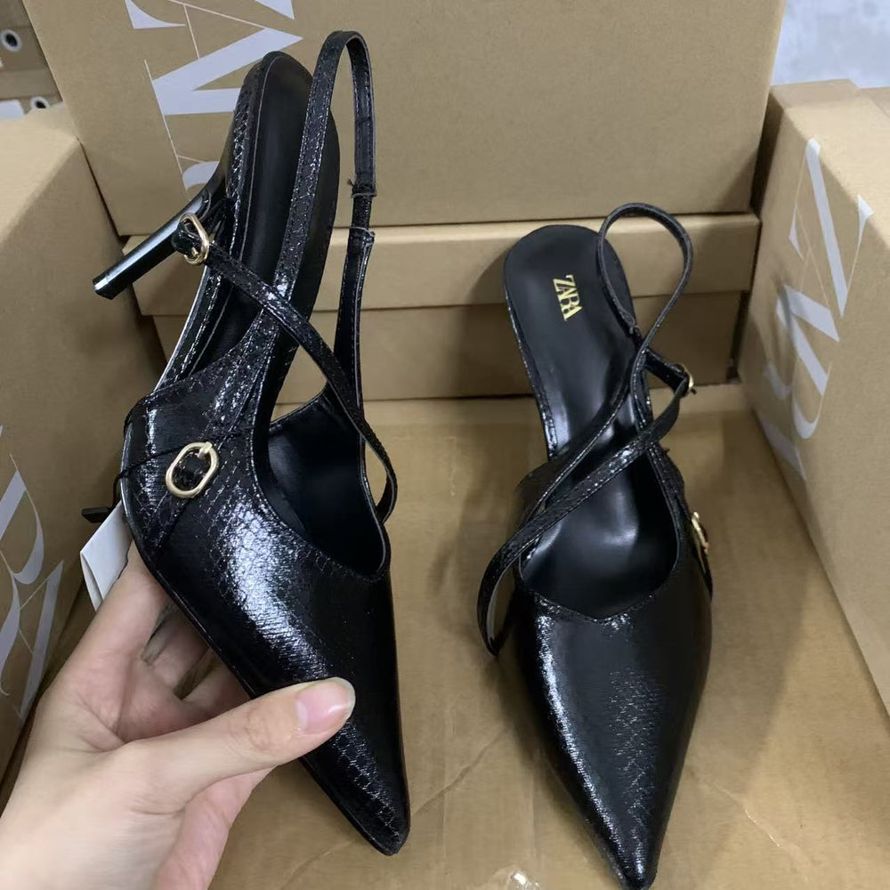 Za2025 new patent leather pointed-toe crimson red sexy ultra-high heel stiletto peep-toe back-tie sandals - mature woman style