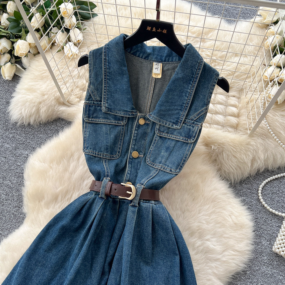 Korean style premium turn-down collar sleeveless denim dress - women's  summer collection - slimming, figure-flattering, versatile maxi dress