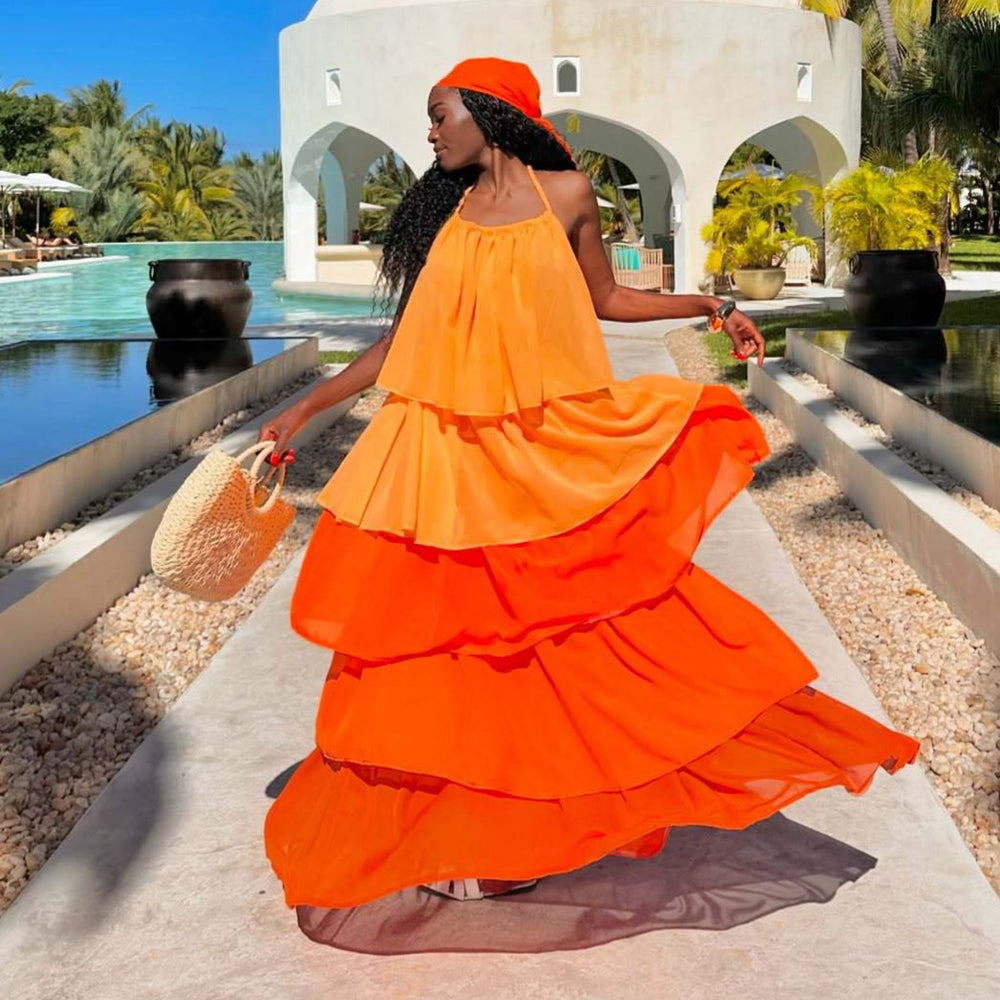 European and american cross-border women's clothing:  summer new sweet & chic vacation style halter neck ruffle trim maxi slip dress