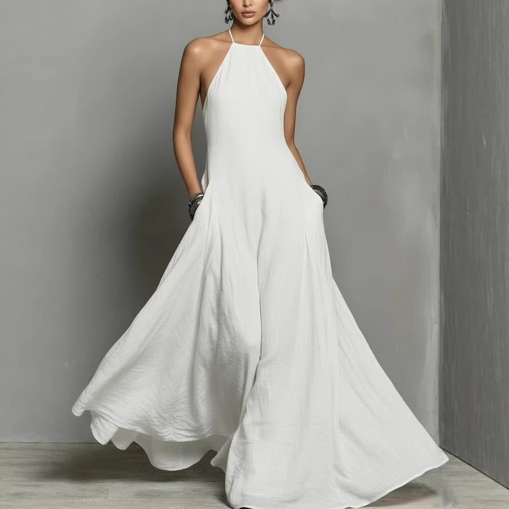 spring/summer new arrivals: european and american -style independent store cotton-linen blend minimalist open-back sleeveless maxi dress
