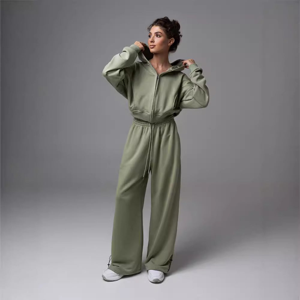 Cross-border European and American women's clothing fashion hooded sweater cardigan drawstring trousers set casual sweatshirt lace-up trousers