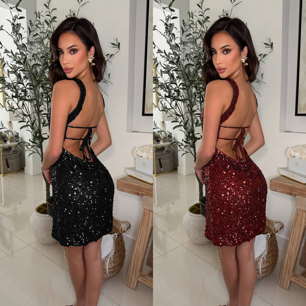 C7648 cross-border   fashion women's sexy slim-fit sequin strap bodycon dress