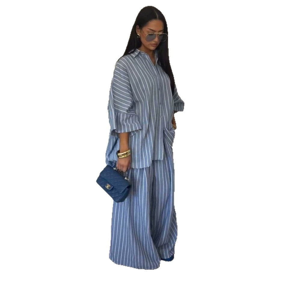 European and american cross-border women's clothing  summer new fashion loose plus size striped shirt wide leg pants casual set