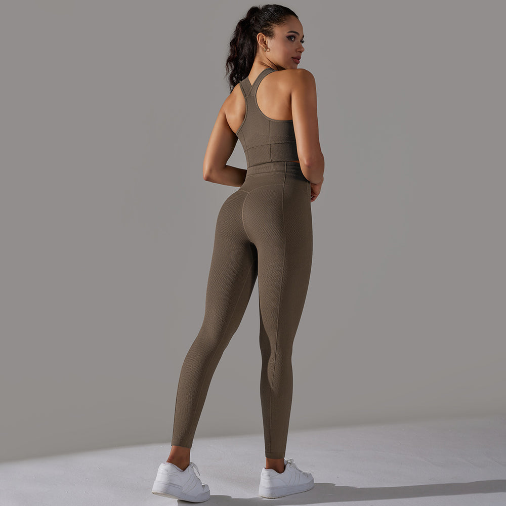 fashion seamless knittingpure color polka dot high elastic tight breathable yoga suit running fitness two-piece set