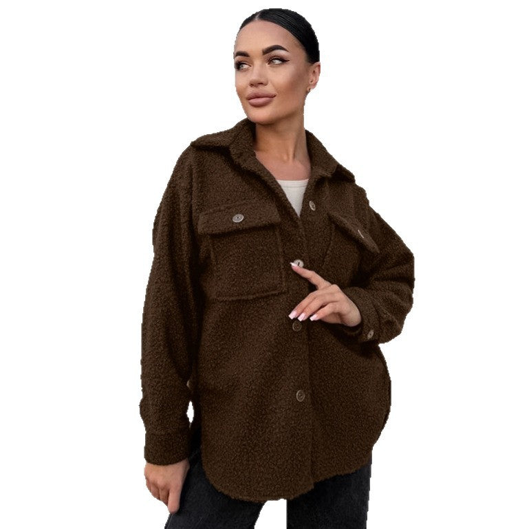 Cross-border autumn and winter new fleece jacket women's high-end classic basic versatile long-sleeved lapel loose cardigan