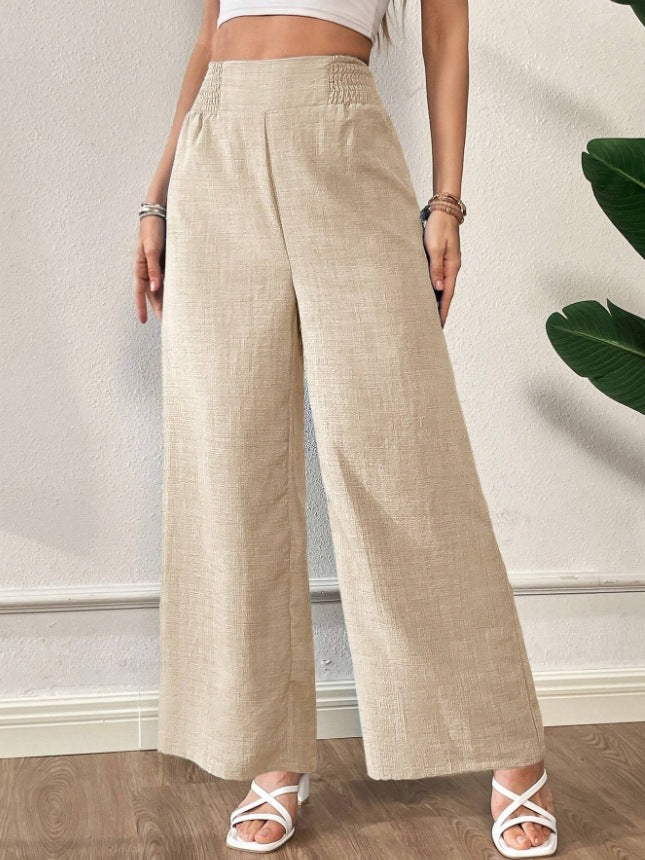 european and american cross-border  spring/summer new women's solid color shirred patchwork high-waisted slimming wide-leg pants