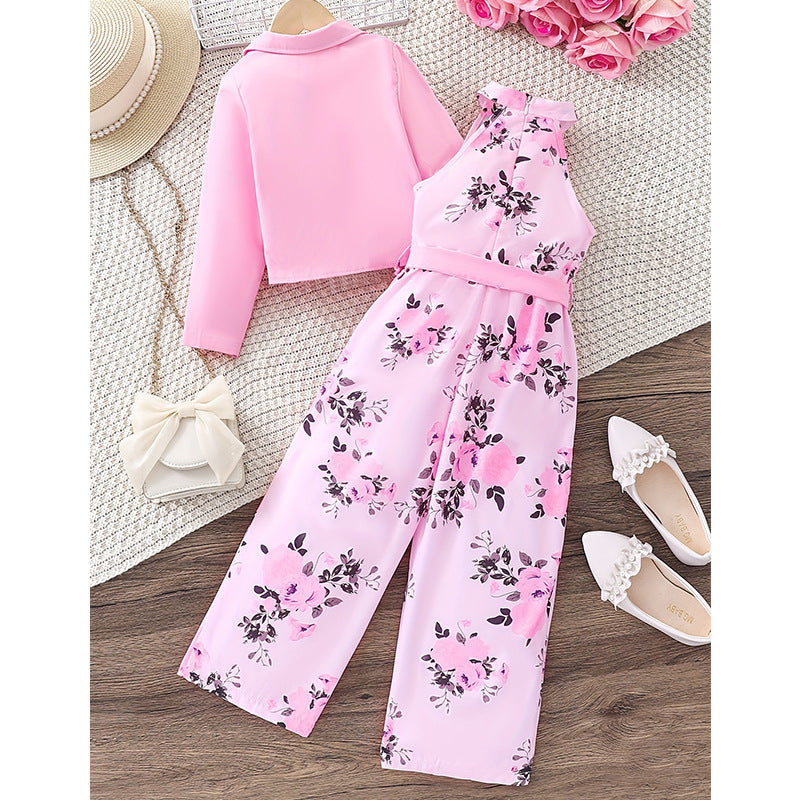 european style girls' sleeveless floral halter romper with pink blazer two-piece set