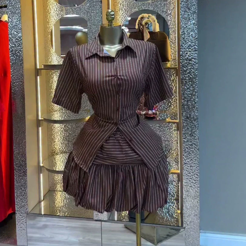 European and american cross-border women's fashion:  summer new collection - striped turn-down collar short-sleeve blouse and tulip skirt set