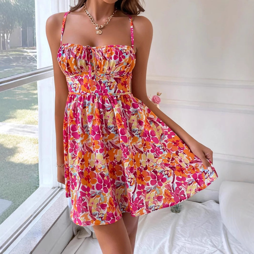 tk cross-border women's resort dress - new spring/summer collection - beach vacation floral print square neck cami dress
