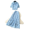 French chic cutout lace two-piece set: women's spring/autumn fashion commute outfit - short sleeve top & high-waisted midi skirt