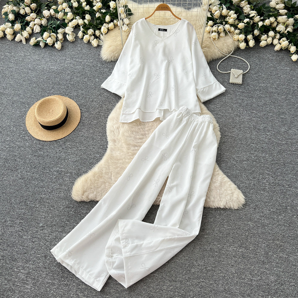 Light mature style round neck sweetbowsprintingtwo-piece set women's spring autumwork clothing style three-quarter sleeve fashionablesuit